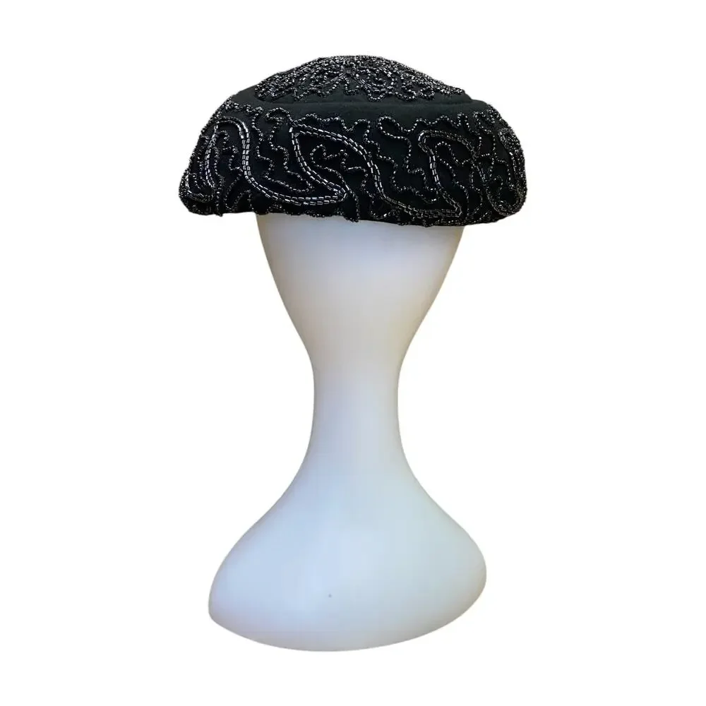 1940s Black Beaded Calot Hat Pinehurst Fifth Ave Cocktail Hat - Picture 4 of 9